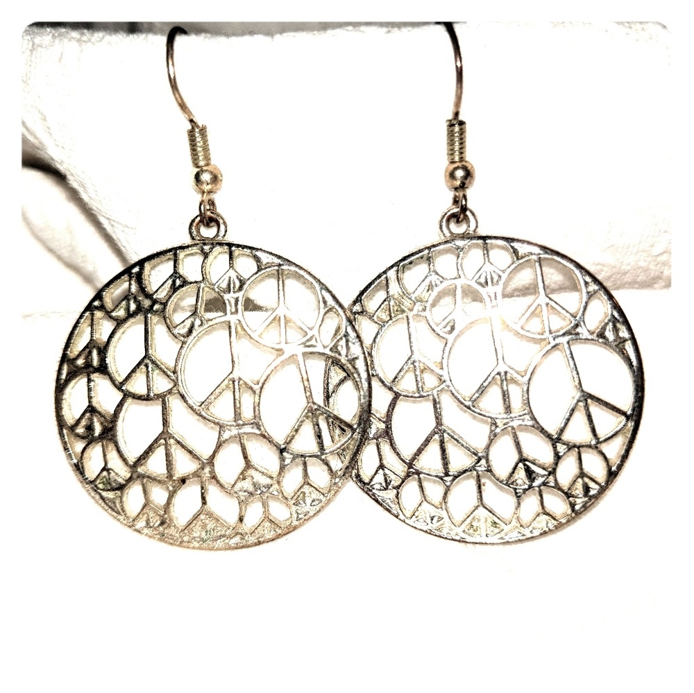 Silver Tone Multi Peace Sign Hook Dangle Earrings